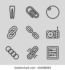 Single icons set. set of 9 single outline icons such as underpants, abacus, radio, chain, link, clip