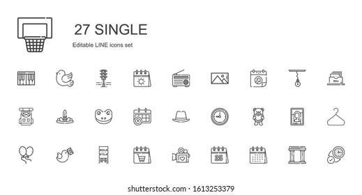 single icons set. Collection of single with calendar, video camera, water dispenser, pigeon, balloons, teddy bear, clock, hat, frog, feathers. Editable and scalable single icons.