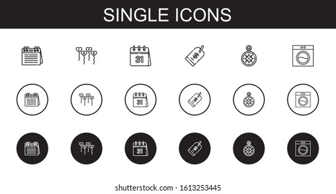 single icons set. Collection of single with calendar, balloons, price tag, wind rose, washing machine. Editable and scalable single icons.