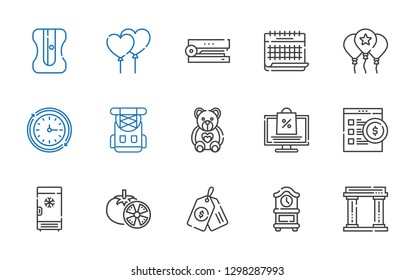 single icons set. Collection of single with museum, clock, price tag, tomatoes, freezer, online shop, online shopping, teddy bear, rucksack. Editable and scalable single icons.
