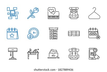 conjunto de iconos únicos. Colección de soltero con compras en línea, mochila, archivador, escritorio, lámpara, calendario, bale de heno, lista, reloj de pared, percha. Iconos individuales editables y escalables.
