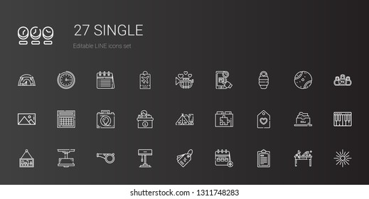 single icons set. Collection of single with test, calendar, tag, lamp, whistle, picture, web plugin, tent, desk, briefcase, sleeping bag, online shopping. Editable and scalable single icons.