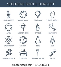 single icons. Trendy 16 single icons. Contain icons such as microscope, basketball, golf ball, heart organ, atom, microphone, candle, satellite. single icon for web and mobile.