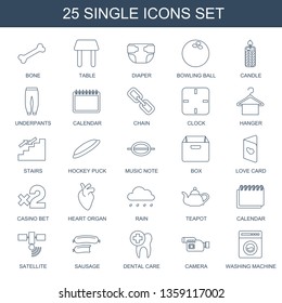 single icons. Trendy 25 single icons. Contain icons such as bone, table, diaper, bowling ball, candle, underpants, calendar, chain, clock, hanger. single icon for web and mobile.