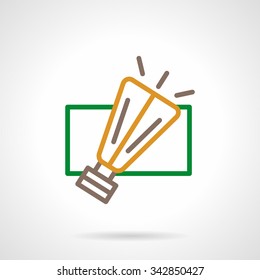 Single illuminated yellow light bulb with green cord of festive garland. Happy New Year and Merry Christmas. Simple color line vector icon. Elements of web design for business, website and mobile