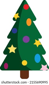 single illustration of a festive Christmas tree with decorations balls and stars in a simple style