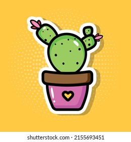 Single illustration of funny cactus with a flower in a pot in popart style