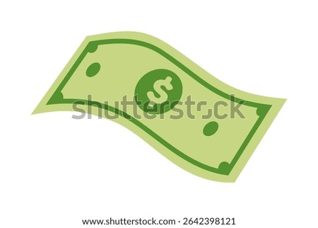 Single Illustration of Green Dollar Bill Waving on White Background