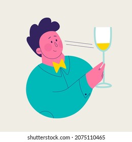 Single illustration from a set of white wine tasting. Cute man exploring the color and shade of the wine. Vector trendy isolated illustrations for design.