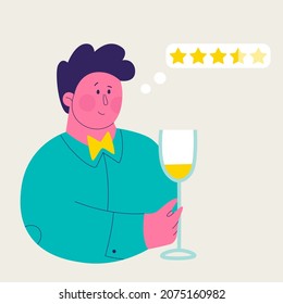 Single illustration from a set of white wine tasting. Cute man appreciates white wine. Vector trendy isolated illustrations for design.