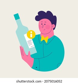 Single illustration from a set of wine tasting. Cute man is exploring the information on a wine bottle label. Vector trendy isolated illustration for design. 