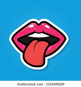 pegatina de ilustración única de una boca roja divertida con lengua y dientes sobre un fondo abstracto en estilo de arte pop