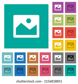 Single image alternate multi colored flat icons on plain square backgrounds. Included white and darker icon variations for hover or active effects.