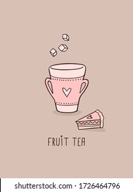 Una sola imagen de una taza linda con azúcar y torta. Dibujo en color de estilo Doodle para postales, carteles, ropa, textiles, impresión y embalaje. Ilustración de té, tazas y la firma "té de fruta".