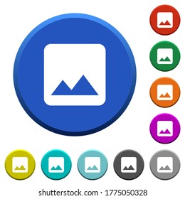 Single image round color beveled buttons with smooth surfaces and flat white icons