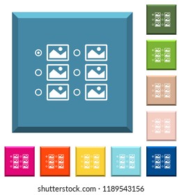 Single image selection with radio buttons white icons on edged square buttons in various trendy colors