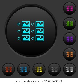 Single image selection with radio buttons dark push buttons with vivid color icons on dark grey background
