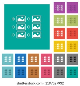 Single image selection with radio buttons multi colored flat icons on plain square backgrounds. Included white and darker icon variations for hover or active effects.