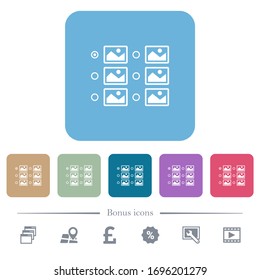 Single image selection with radio buttons white flat icons on color rounded square backgrounds. 6 bonus icons included