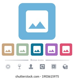 Iconos planos planos blancos de una sola imagen sobre fondo cuadrado redondeado de color. 6 iconos de bonificación incluidos