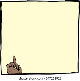 Single index finger pointing up from corner of blank frame with copy space over yellow