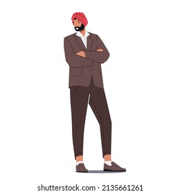 Un hombre de negocios indio o paquistaní usa turbante rojo, negro marrón y pantalones con brazos cruzados, hombre de moda aislado de fondo blanco. Ilustración de vectores de personas de caricatura