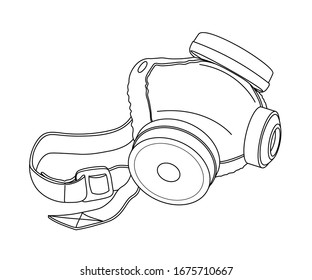 single industrial respirator with air filters, personal protective equipment, vector illustration with black contour lines isolated on a white background in cartoon and hand drawn style