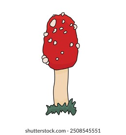 Single isolated Amanita toadstool mushroom. Vector fly agaric cartoon illustration on a white background