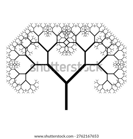 Single isolated black mathematical fractal tree on a solid background. Minimalist branching L-system geometric structure
