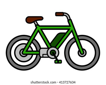 Single isolated empty green mens e-bike bicycle depicting ecological transportation as simple vector icon over white background