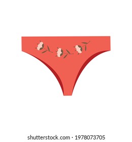 Single isolated female underpants in red with a floral design. Vector illustration 
