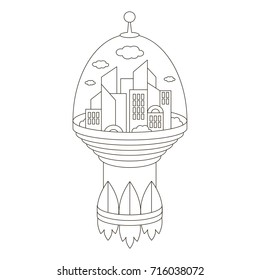 Single Isolated Flying City Rocket cartoon. Outlined illustration with thin line black stroke