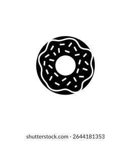 Single, isolated graphic illustration of a black and white donut. The donut features a smooth glaze and is covered with sprinkles. Perfect for food-related designs.