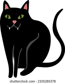 Single isolated Halloween illustration of a seated black catwith green eyes. Happy mischievous cute feline carachter, sitting black cat with sharp teeth and arched tail. Halloween or everyday uses.