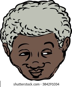 Single isolated head of grinning middle aged Black man looking over