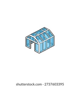 A single isolated isometric pixel art sprite of a white greenhouse frame with glass panels.