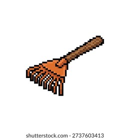 A single isolated isometric pixel art sprite of an orange plastic leaf rake with a wooden handle.