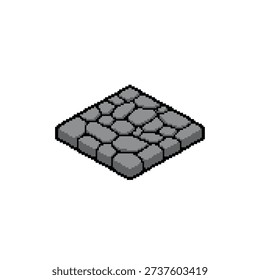 A single isolated isometric pixel art sprite of an irregular grey cobblestone path segment.