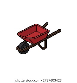 A single isolated isometric pixel art sprite of a red metal wheelbarrow with wooden handles.