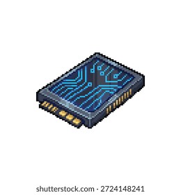 Ein einzelnes, isoliertes Pixel-Art-Sprite eines Sci-Fi Data Chip mit leuchtend blauen Schaltkreislinien im 16-Bit-Neon Tech-Stil.