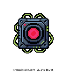 Un único sprite de pixel art aislado de una lente óptica cibernética con una cámara roja en estilo Neon Tech de 16 bits.