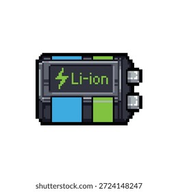 Ein einzelnes, isoliertes Pixel-Art-Sprite einer Drohnenbatterie mit Lithium-Ionen-Symbol im 16-Bit-Neon-Tech-Stil.