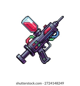 Ein einzelnes, isoliertes Pixel-Art-Sprite eines Stim Pack-Injektors mit roter Flüssigkeit im 16-Bit-Neon Tech-Stil.