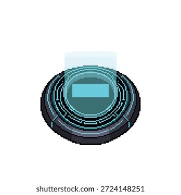 Ein einzelnes, isoliertes Pixel-Art-Sprite einer holografischen Datenplatte mit türkisem Licht im 16-Bit-Neon-Tech-Stil.
