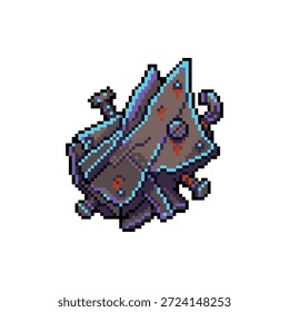 Ein einzelnes, isoliertes Pixel-Art-Sprite von Scrap Metal Debris mit Rostflecken im 16-Bit-Neon Tech-Stil.