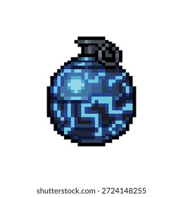 Ein einzelnes, isoliertes Pixel-Art-Sprite einer EMP-Granate mit pulsierenden blauen Lichtern im 16-Bit-Neon-Tech-Stil.