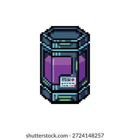 Ein einzelnes, isoliertes Pixel-Art-Sprite eines Nano-Gel-Kanisters mit violetter Substanz im 16-Bit-Neon-Tech-Stil.
