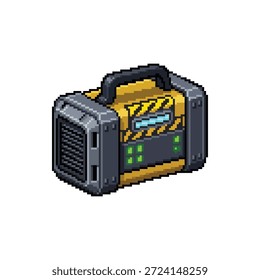 Ein einzelnes, isoliertes Pixel-Art-Sprite eines Heavy Duty Battery Packs in industriellem Gelb im 16-Bit Neon Tech-Stil.