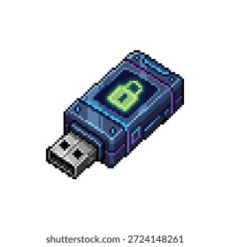 Ein einzelnes, isoliertes Pixel-Art-Sprite eines Verschlüsselungs-USB-Schlüssels mit einem leuchtenden Schloss-Symbol im 16-Bit-Neon Tech-Stil.