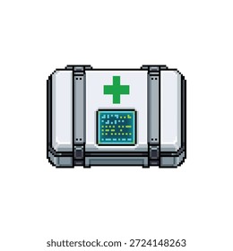Ein einzelnes, isoliertes Pixel-Art-Sprite eines futuristischen Medkit mit einem holografischen Display im 16-Bit-Neon-Tech-Stil.